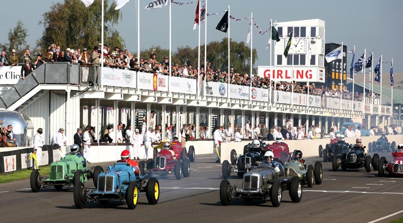A line of ERAs blast away from the line in the Goodwood Trophy race. Ludovic Lindsay in the historic Remus, here in the centre, won