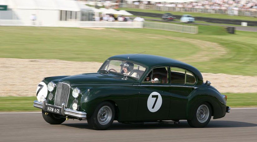 Rowan Atkinson at the wheel of his Jaguar MkVII during practice for the St Mary