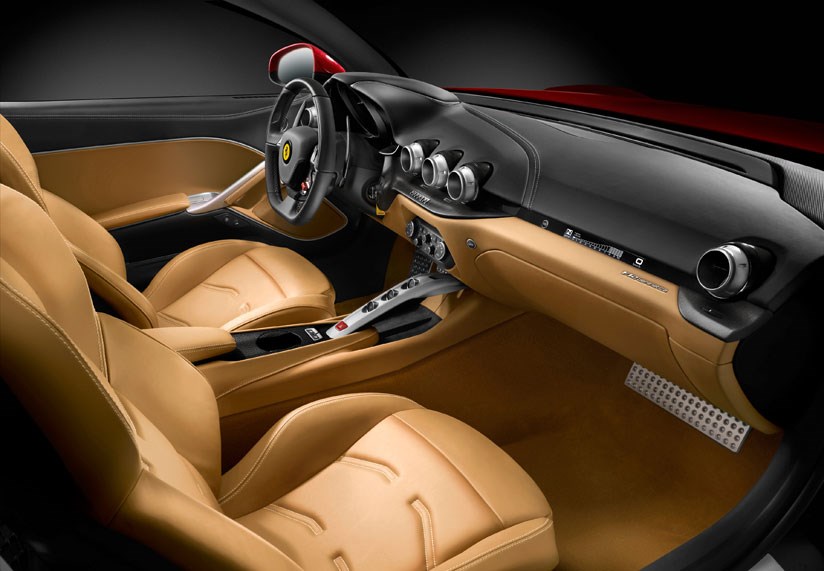 Cabin of the new 2012 Ferrari F12 Berlinetta. Note the speedo in front of the passenger. You can terrify them rigid!