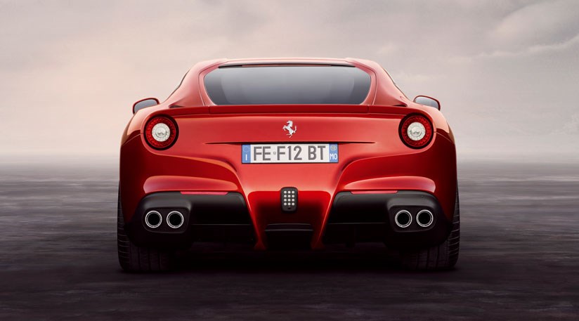 Note the T-bar styling at the rear of the Ferrari F12 Berlinetta: it channels air effectively at the rear to increase downforce, reduce drag